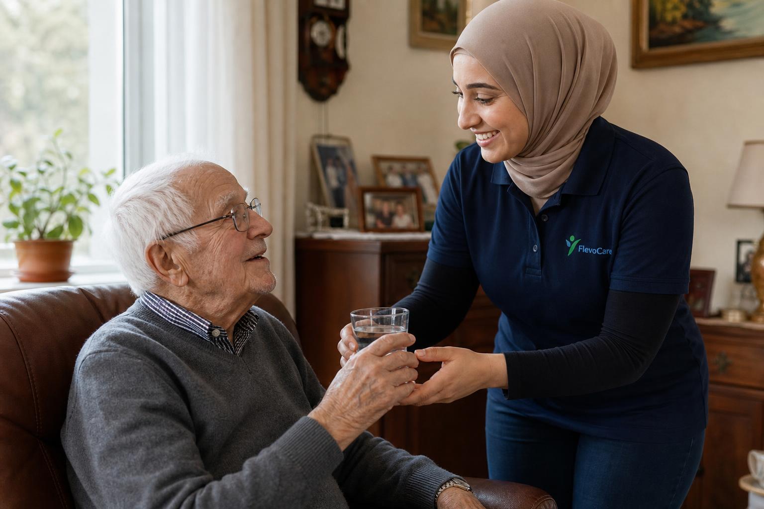 FlevoCare zorgverlener met hijab ondersteunt een oudere man thuis